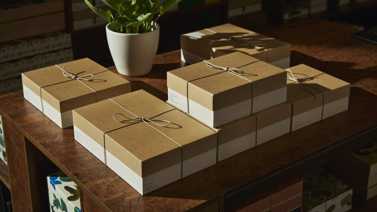 Ladentisch mit eingepackten Puzzleschachteln, Packpapier, Schnur und einer kleinen Pflanze